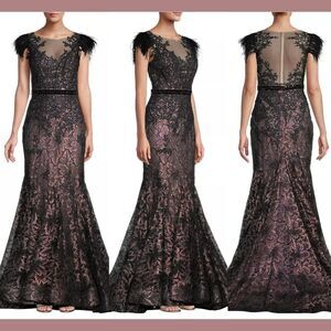 NWT Mac Duggal [ 12 ] Embellished Feather Cap Illusion Trumpet Gown style #79230